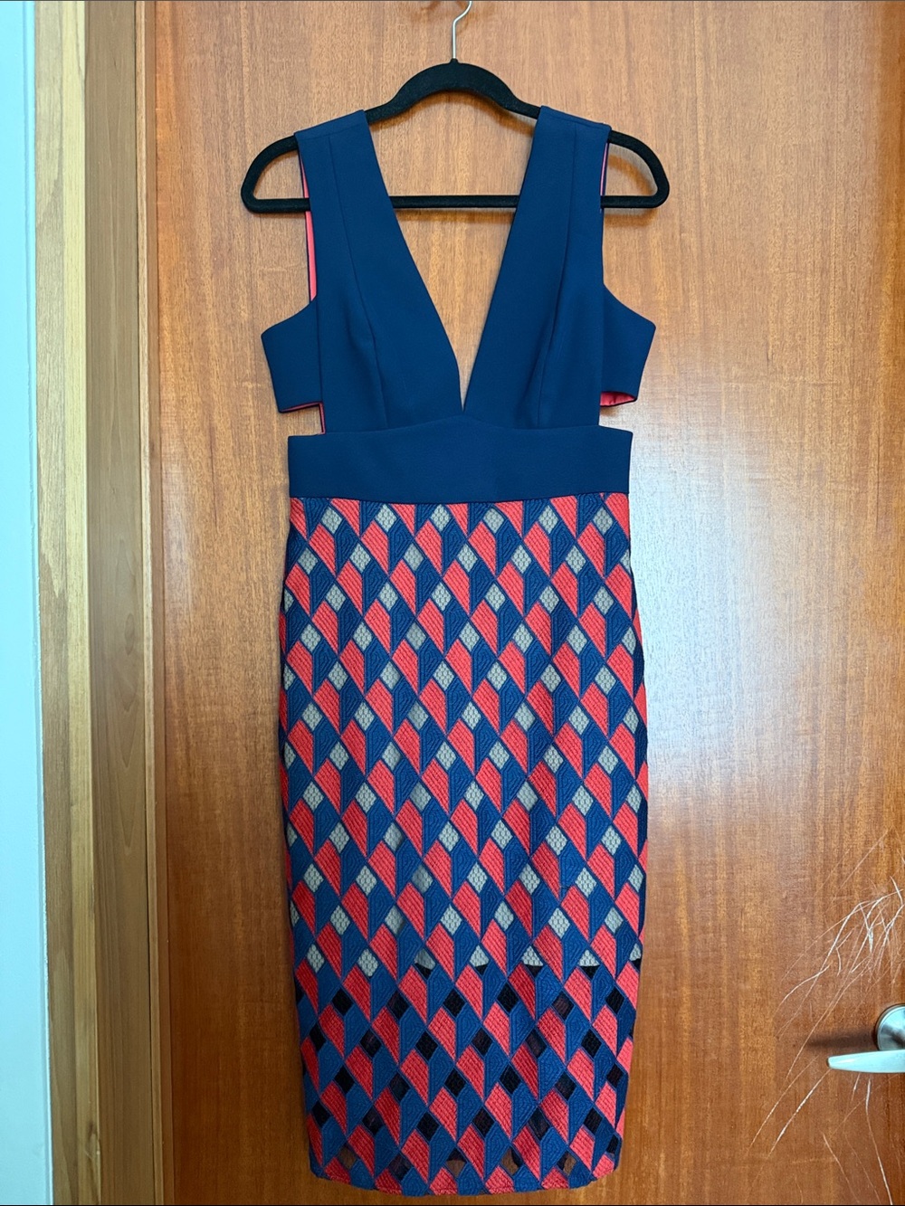 BCBGMaxAzria Navy and Red V-Neck Midi Dress